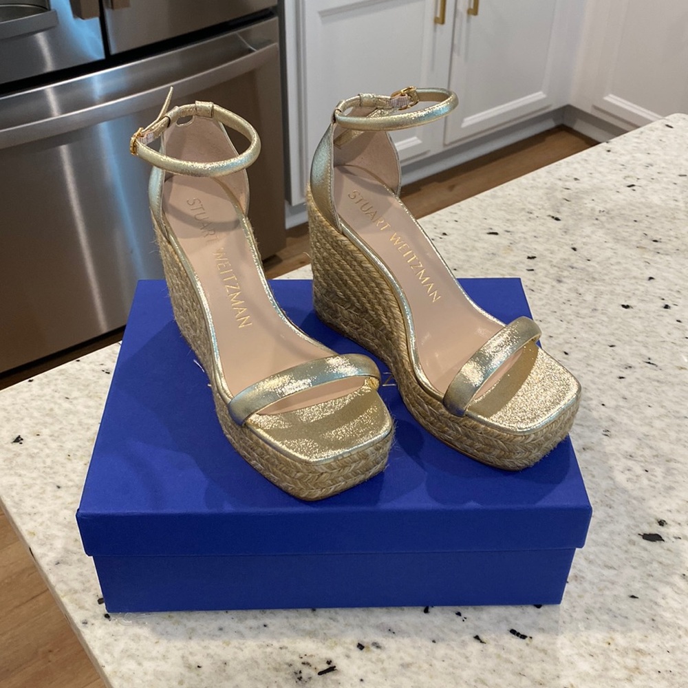 Stuart Weitzman Women's Nudist Square Toe Espadrille Platform Wedge Sandals
